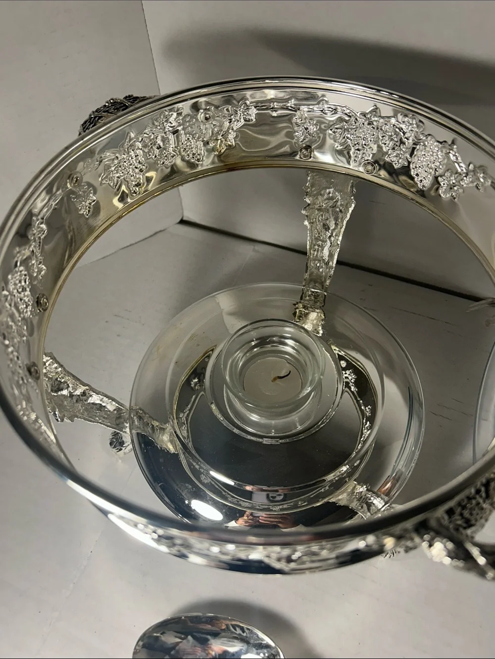 Silver Floral-Accent Glass Chafing Dish with Lid and Spoon